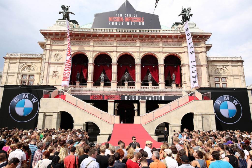 VIENNA, AUSTRIA - JULY 23:  Fans wait outside the Opera during the world premiere of 'Mission: Impossible - Rogue Nation' at the Opera House (Wiener Staatsoper) on July 23, 2015 in Vienna, Austria.  (Photo by Monika Fellner/Getty Images for Paramount Pictures International)