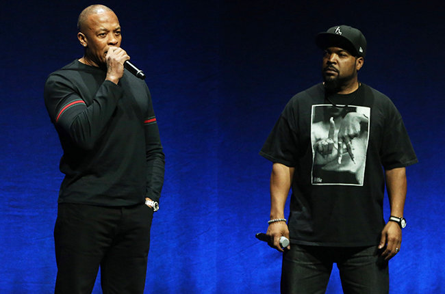 LAS VEGAS, NV - APRIL 23: Rapper/producer Dr. Dre (L) and actor/rapper Ice Cube speak at Universal Pictures Special Presentation Summer of 2015 and Beyond during 2015 CinemaCon at The Colosseum at Caesars Palace on April 23, 2015 in Las Vegas, Nevada. (Photo by Gabe Ginsberg/WireImage)