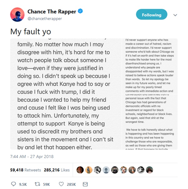 Chance The Rapper Supports Kanye Then Rejects Trump