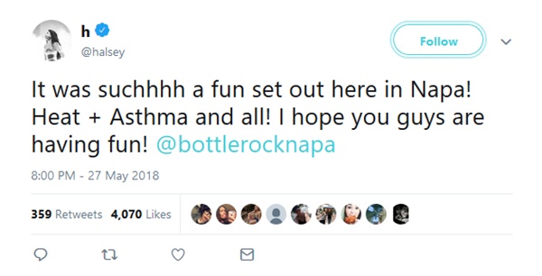 Halsey Makes Light of Asthma Attack at BottleRock