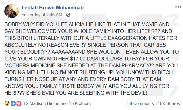 Bobby Brown’s sister, Leolah Brown Muhammad SLAMS BET The Bobby Brown Story
