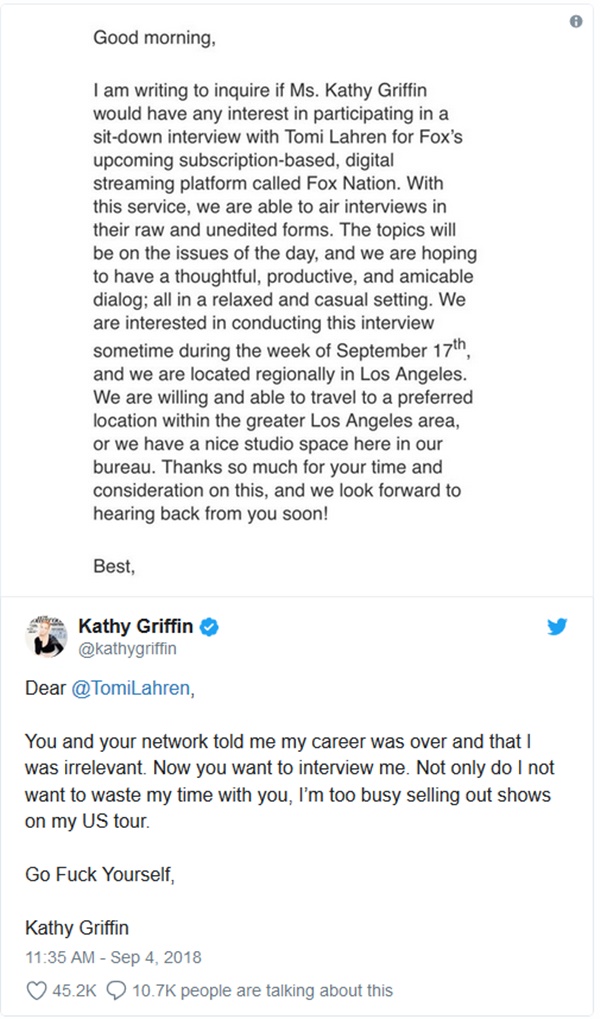 Kathy Griffin Turns Down FOX's Tomi Lahren with F Bombs