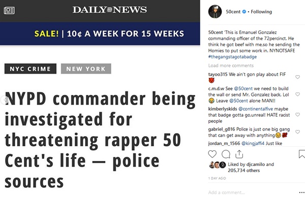 “Get the Strap” NYPD Officer Investigated for Threatening 50 Cent