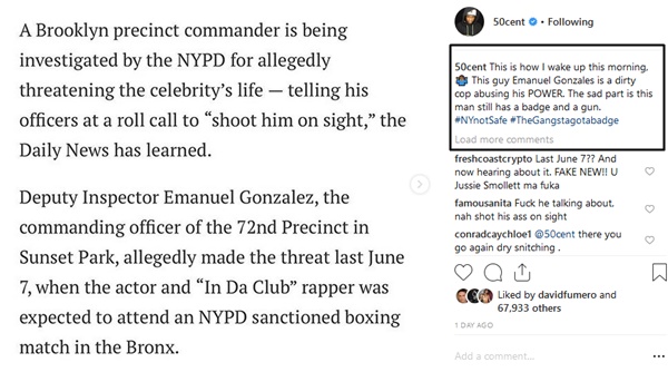 “Get the Strap” NYPD Officer Investigated for Threatening 50 Cent