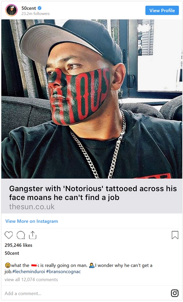 50 Cent MOCKS Mongrel Mob Member Puk Kireka Face Tattoo
