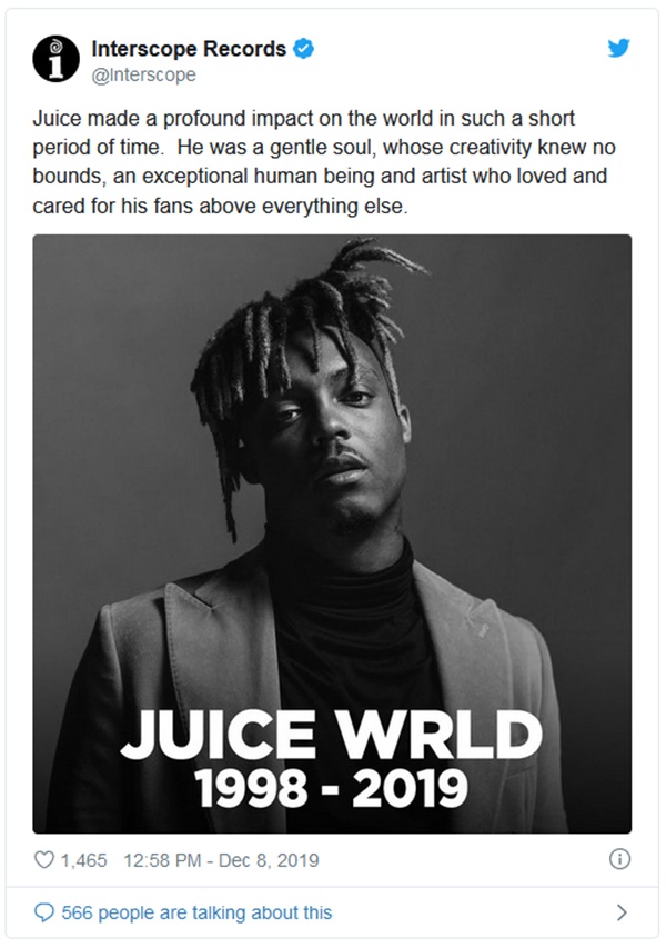 Juice WRLD's Label Releases Statement Regarding Rapper's Untimely Death