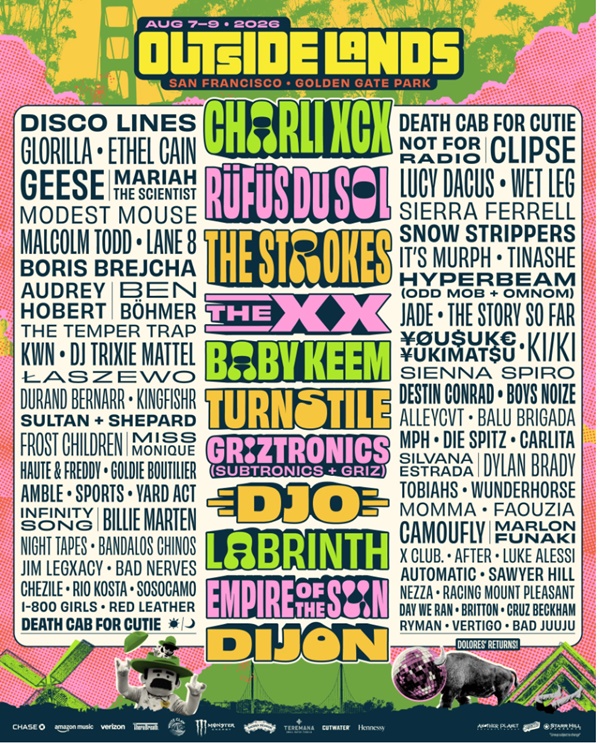 San Francisco’s Outside Lands 2026 Lineup Revealed With Charli XCX, The Strokes & Rüfüs Du Sol