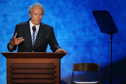 Clint Eastwood has a conversation with an empty chair mocking the 16 empty chairs at the Trouble with The Curve premiere