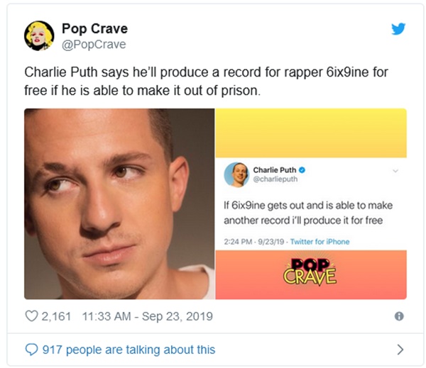 Charlie Puth Deletes Tweet Offering to Produce 6ix9ine's Next Album