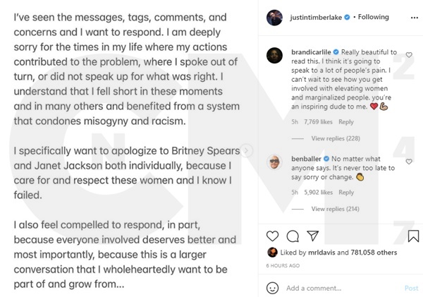 Justin Timberlake Apology to Britney Spears + Janet Jackson