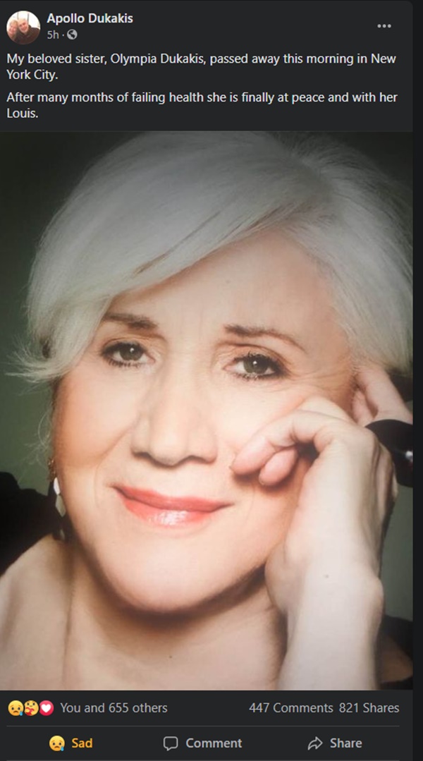 Beloved Actress Olympia Dukakis Dies at 89